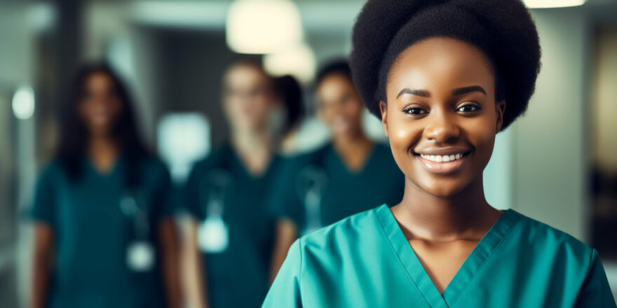 Portrait of a young nursing student standing with her team in hospital, dressed in scrubs, Doctor intern . High quality photo