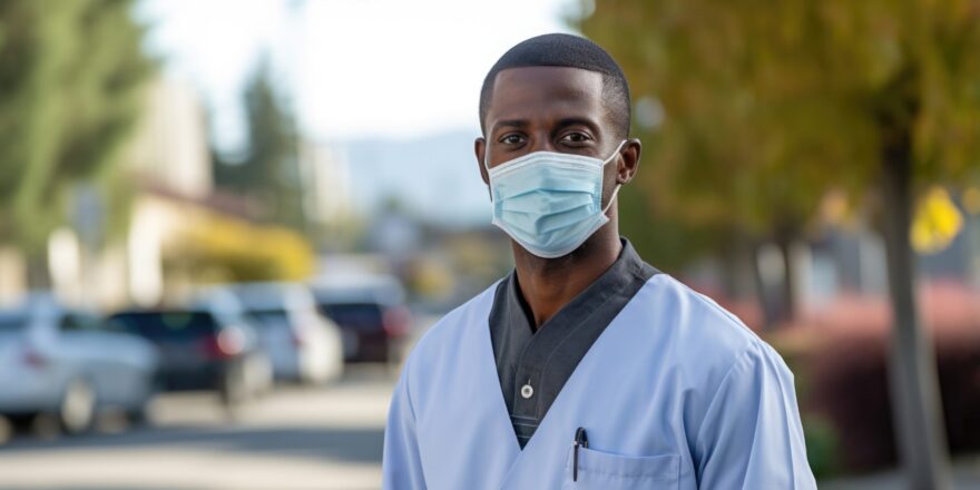 An educated African American man acts as a community health worker in a lowincome neighborhood. His earnest expression reflects the urgent need for communitybased programs to address healthcare